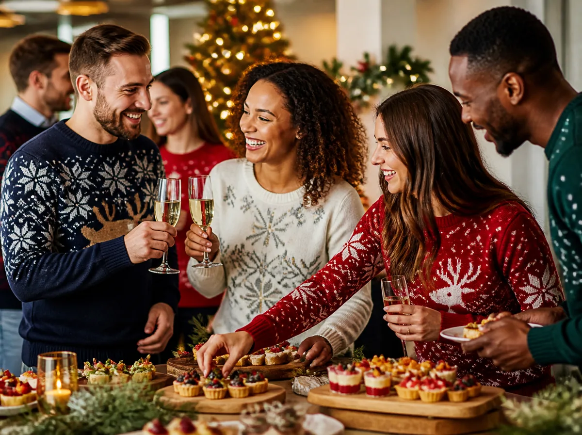 Collègues en pulls de Noël autour d'un buffet de fin d'année